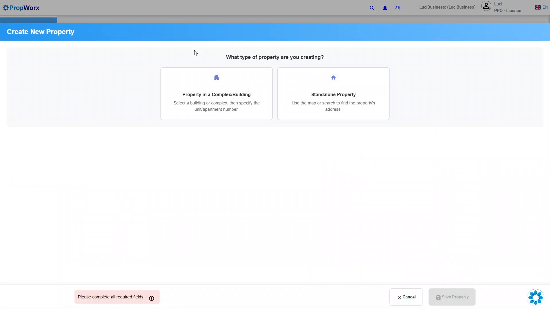 Create New Property screen asking property type